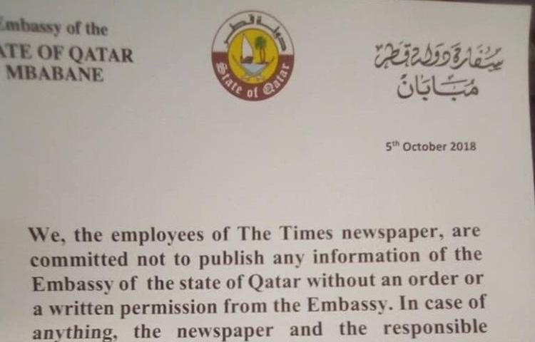 A copy of a letter that The Times of Swaziland said was presented to its journalists while they were in the Qatar Embassy. (Times of Swaziland)