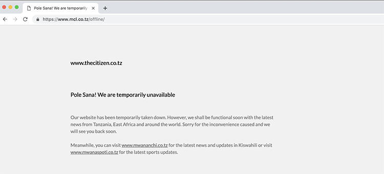 A February 28 screenshot of The Citizen website shows a message telling readers the outlet is temporarily off line. (CPJ)