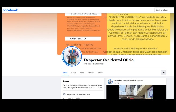 An image of the Facebook news site Despertar Occidental. Guatemalan community journalist Ismael Alonzo González, who worked for the publication for three years, was shot by unidentified assailants on March 21, 2025. (Screenshot: CPJ/Facebook)